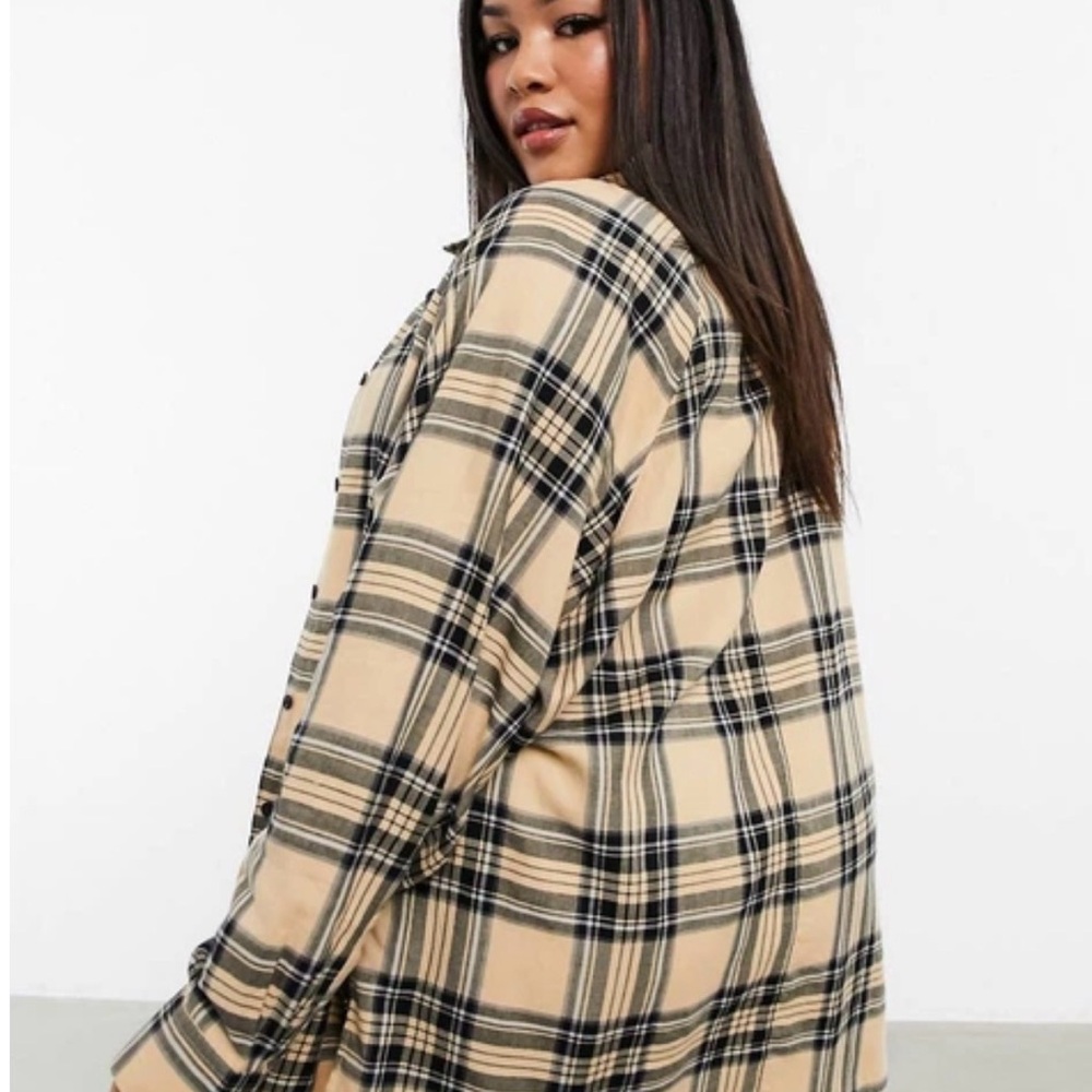 ASOS DESIGN Curve long sleeve boyfriend shirt in tan and black check print